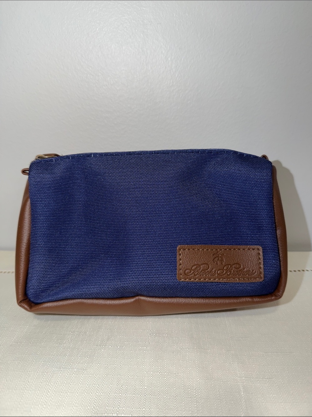 Brooks Brothers Navy Canvas Brown Faux Leather Small Toiletry Dopp Travel Bag